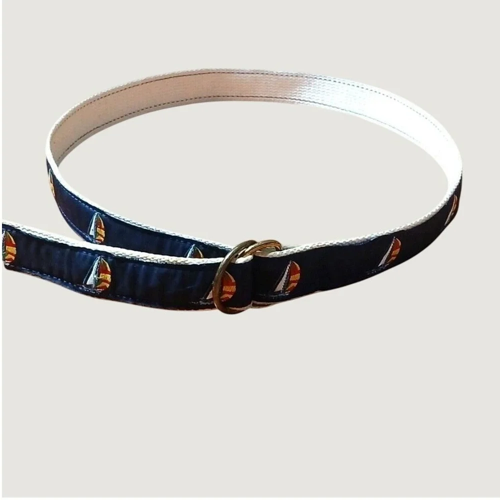 Lands' End D-Ring Belt Mens‎ M Navy Blue Sailboat Embroidered Canvas Webbing USA